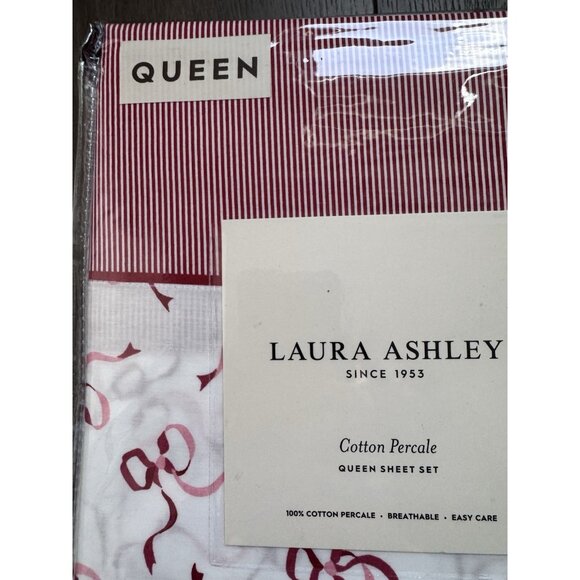 NWT Laura Ashley QUEEN Sheet Set TRAILING BOWS STRIPED HEM Red White Cotton - Picture 4 of 7